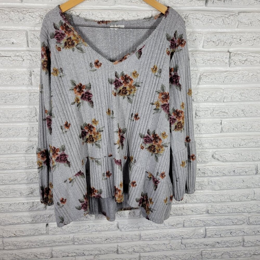 Maurices Plus Size 3X Sweater Gray Brown Floral V-Neck Long Sleeve Knit SWE183E